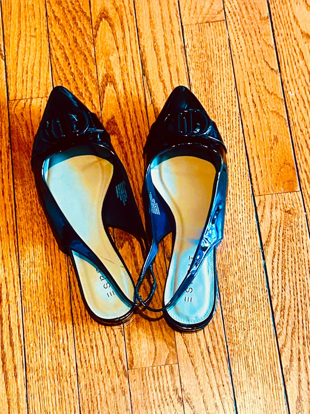 Esprit Black Patent Pointed Toe Slingback Flats with Decorative Accent